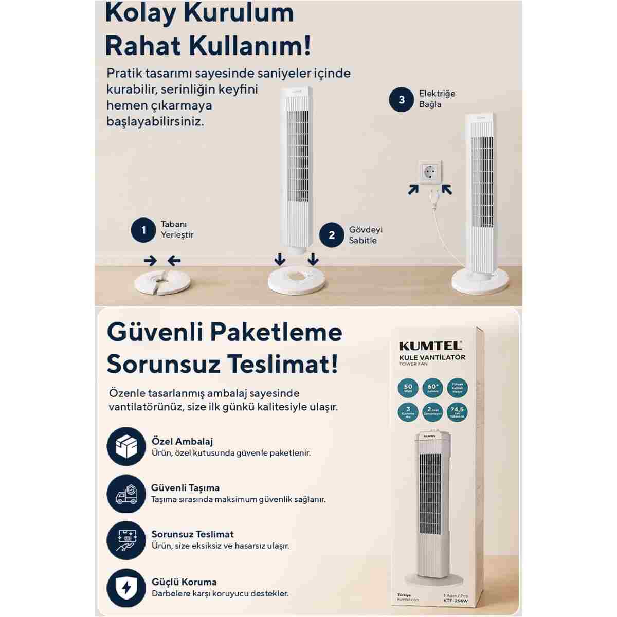 KUMTEL KTF-258W Kule Tipi Beyaz Vantilatör – 50W, Zaman Ayarlı, 3 Hız Kademeli, Sessiz Çalışma - Görsel 7