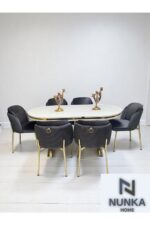 NUNKA HOME Arya Gold Line Serisi Antrasit Renk +6 Sandalyeli Mdf Lak Panel Beyaz Masa Takımı - Görsel 3