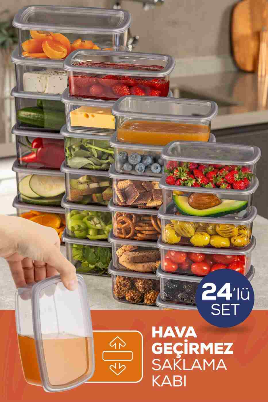 982dfe112b97a8c5e0ff72f8cc811daa Vienev 24'lü Hava Geçirmez Saklama Kabı Seti Antrasit 6x(250-500-750-1200 ML) - Görsel 1