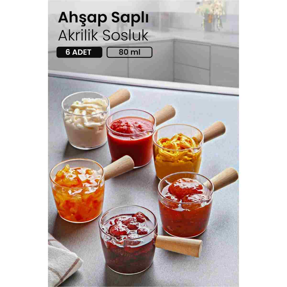 Kitchen Life 6 lı Ahşap Saplı Mıka Reçellik Sosluk Sofra Sunum Kahvaltı Seti - Ahşap Saplı Sunumluk 80 ml - Görsel 7