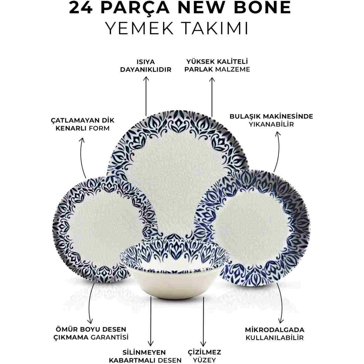 Kitchen Life 24 Parça 6 Kişilik Lale Lacivert Kenarlı New Bone Porselen Yemek Takımı - Çorba Servis Yemek Tabak - Görsel 6