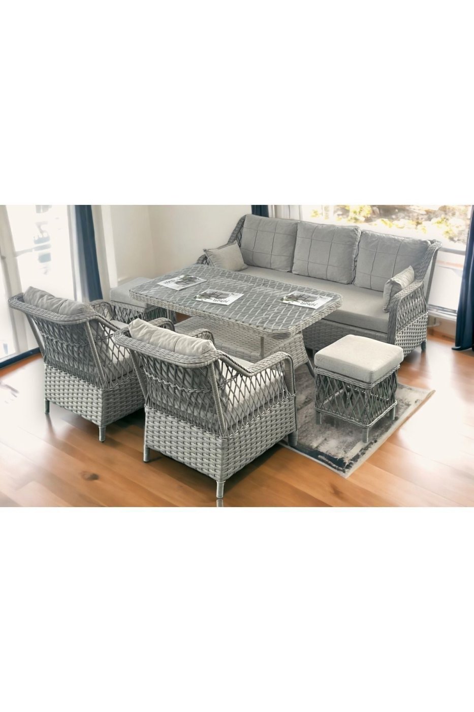 98aeede07ac9e442e17274ac2fcf5f17 Tu Tienda PETRA 3+1+1+MASA+2PUF BAHÇE BALKON MOBİLYASI,GRİ RATTAN/VİZON KUMAŞ - Görsel 1