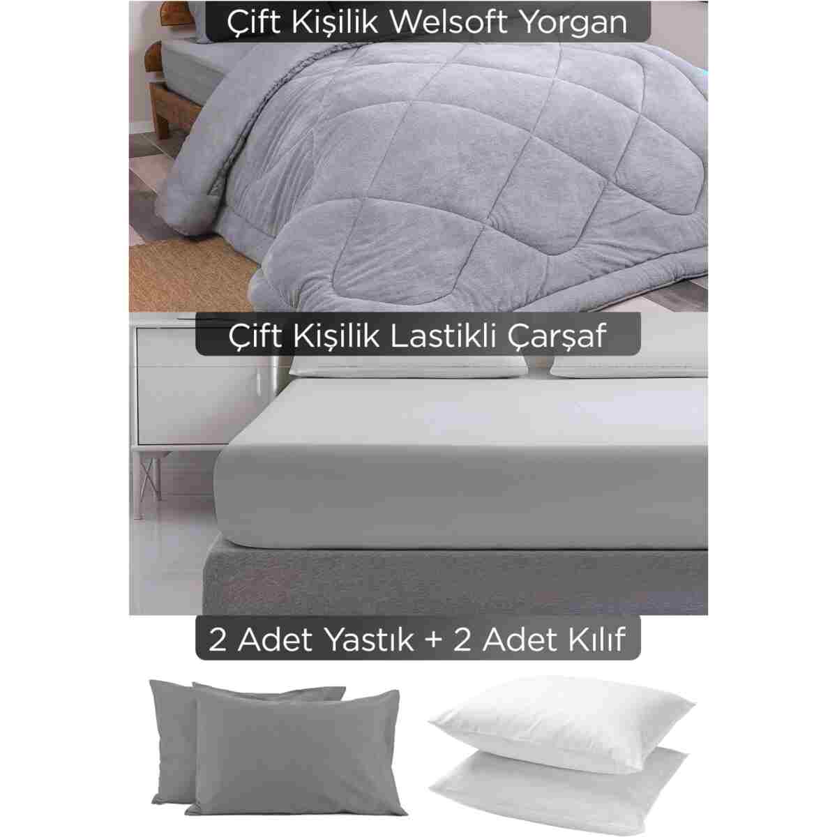 BEYAZLALE Çift Kişilik 6 Parça Welsoft Yorgan Seti | Lastikli Çarşaf, 2 Yastık, 2 Kılıf - Görsel 9