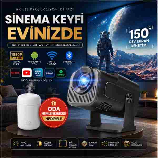 TARÇIN Taşınabilir 4K Destekli Full HD Projektör Oda Nemlendiricisi Hediyeli - 270° Döner Gövde