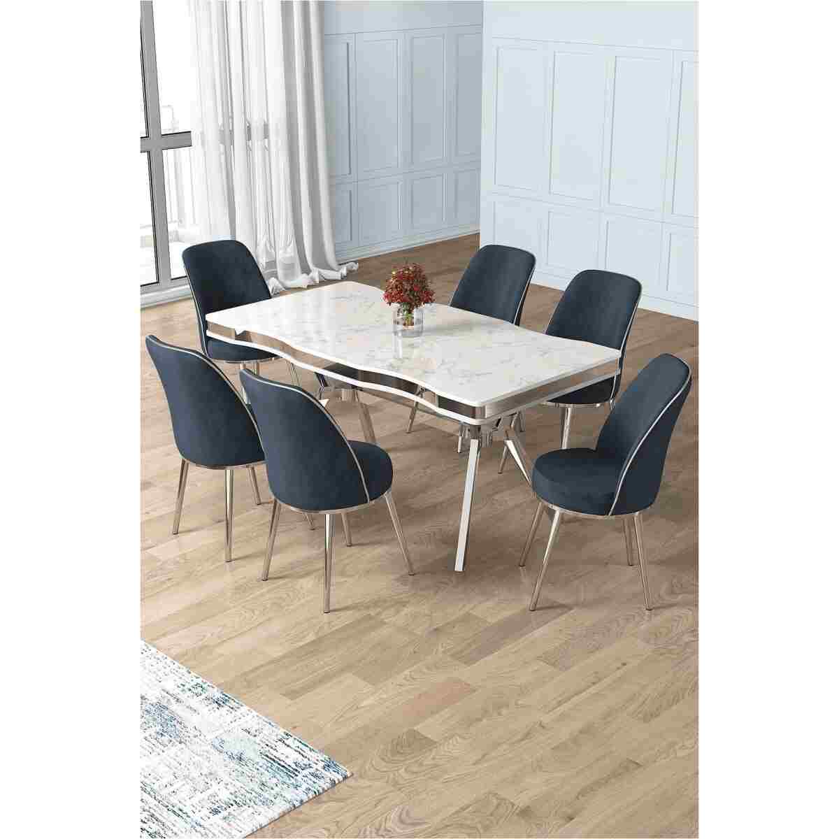 Canisa Prah Serisi 90x160 Lak Panel Beyaz Mermer Desen Krom Ayak Masa Takımı 6 Siyah Sandalye - Görsel 6