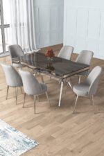 Canisa Prah Serisi 90x160 Lak Panel Antrasit Ironi Krom Ayak Masa Takımı 6 Gri Sandalye