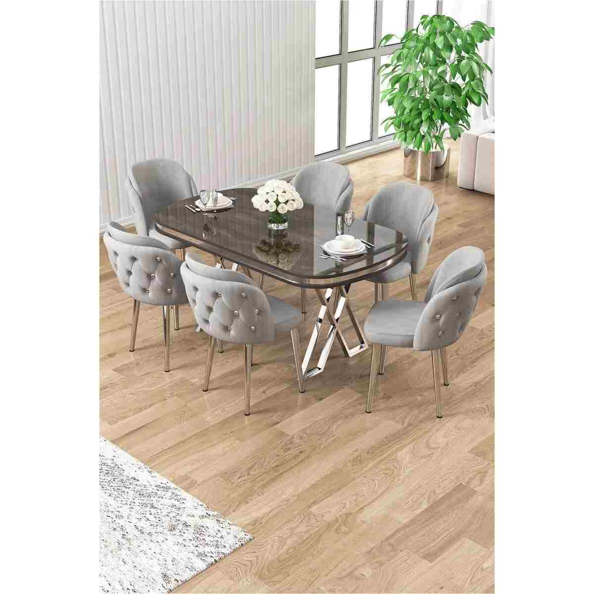 Canisa Zae Serisi 90x168 Lak Panel Antrasit Ironi krom Ayak Masa Takımı 6 Siyah Sandalye - Görsel 5