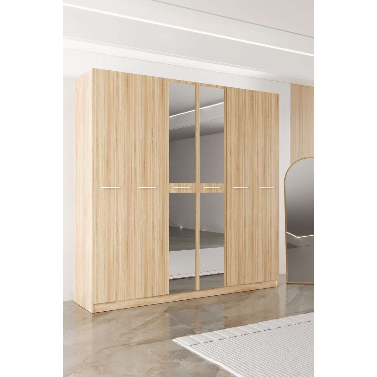 AEKA AE-2191 Hisar Beyaz/Beyaz Aynalı 6 Kapaklı Çok Bölmeli Askılı ve Raflı Geniş Hacimli Gardırop 210x210 cm - Görsel 11