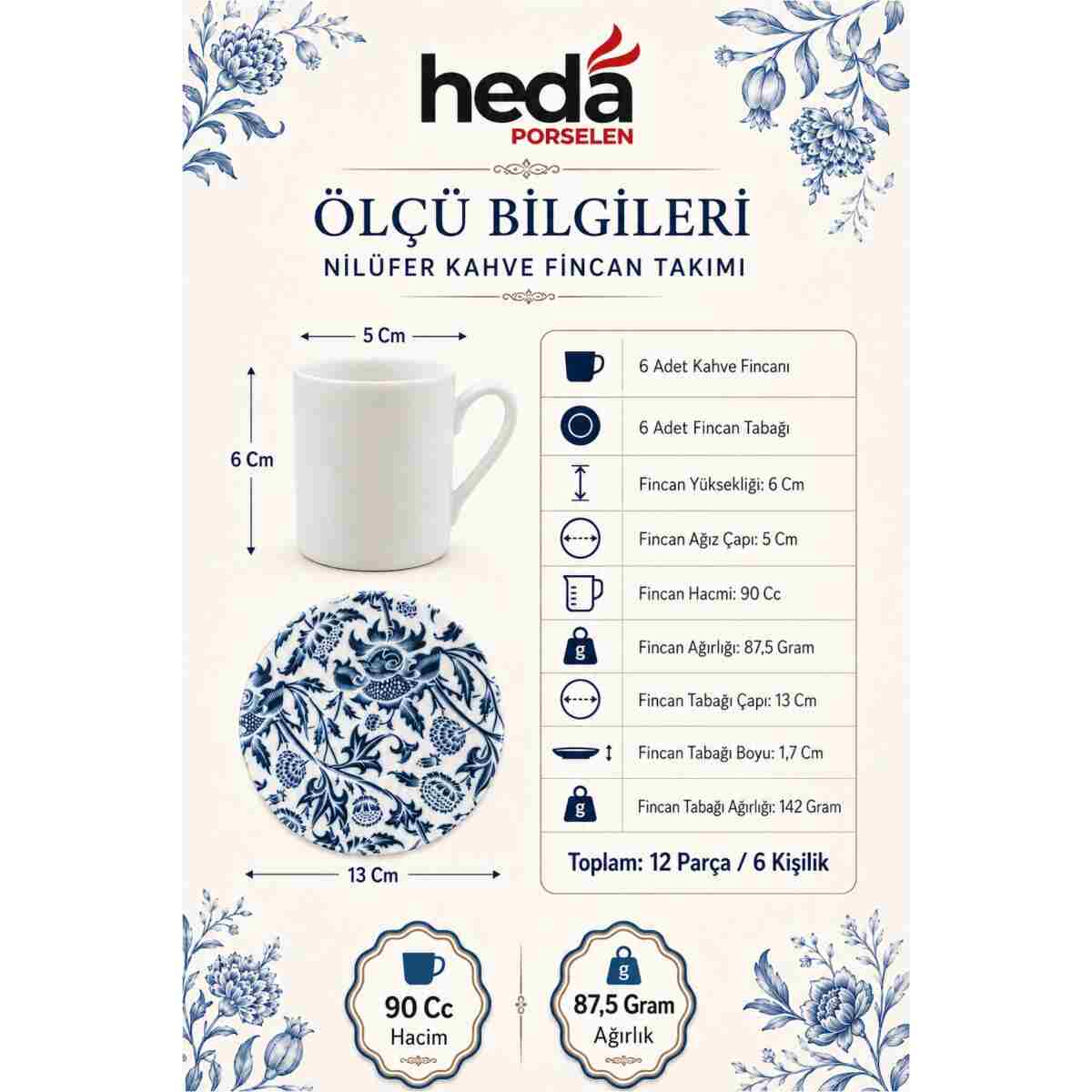 Heda Porselen Nilüfer 12 Parça 6 Kişilik Porselen Kahve Fincan Takımı - Görsel 2