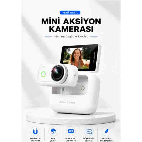 Omaze 4K Ultra HD Hareketli Ekranlı Profesyonel Aksiyon Kamerası Manyetik Tutuş Flip Ekran Full Aparat