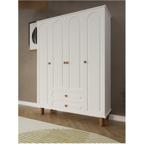 umondesign Umon Design Bohem 4 Kapaklı 2 Çekmeceli Askılı Gardırop Geniş Elbise Dolabı MDF KAPAK