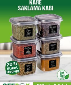 OFFBOX 6 Adet 12 Parça 0,55 Litre Kare Erzak Saklama Kabı Baharatlık Seti 20 Etiket Hediyeli