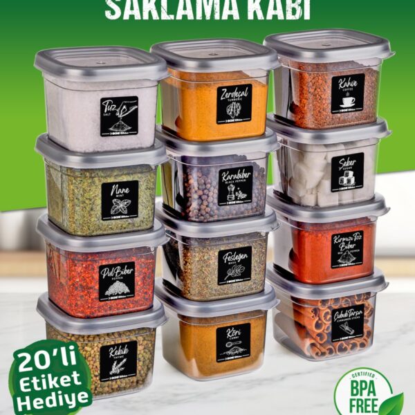OFFBOX 12 Adet 24 Parça 0,55 Litre Kare Erzak Saklama Kabı Baharatlık 20 Etiket Hediyeli