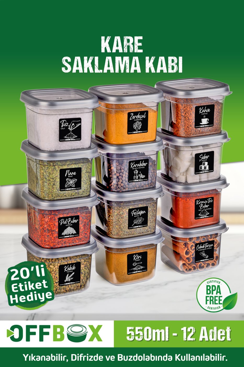 9b5116da6646546acbfbcbf8338fad02 OFFBOX 12 Adet 24 Parça 0,55 Litre Kare Erzak Saklama Kabı Baharatlık 20 Etiket Hediyeli - Görsel 1
