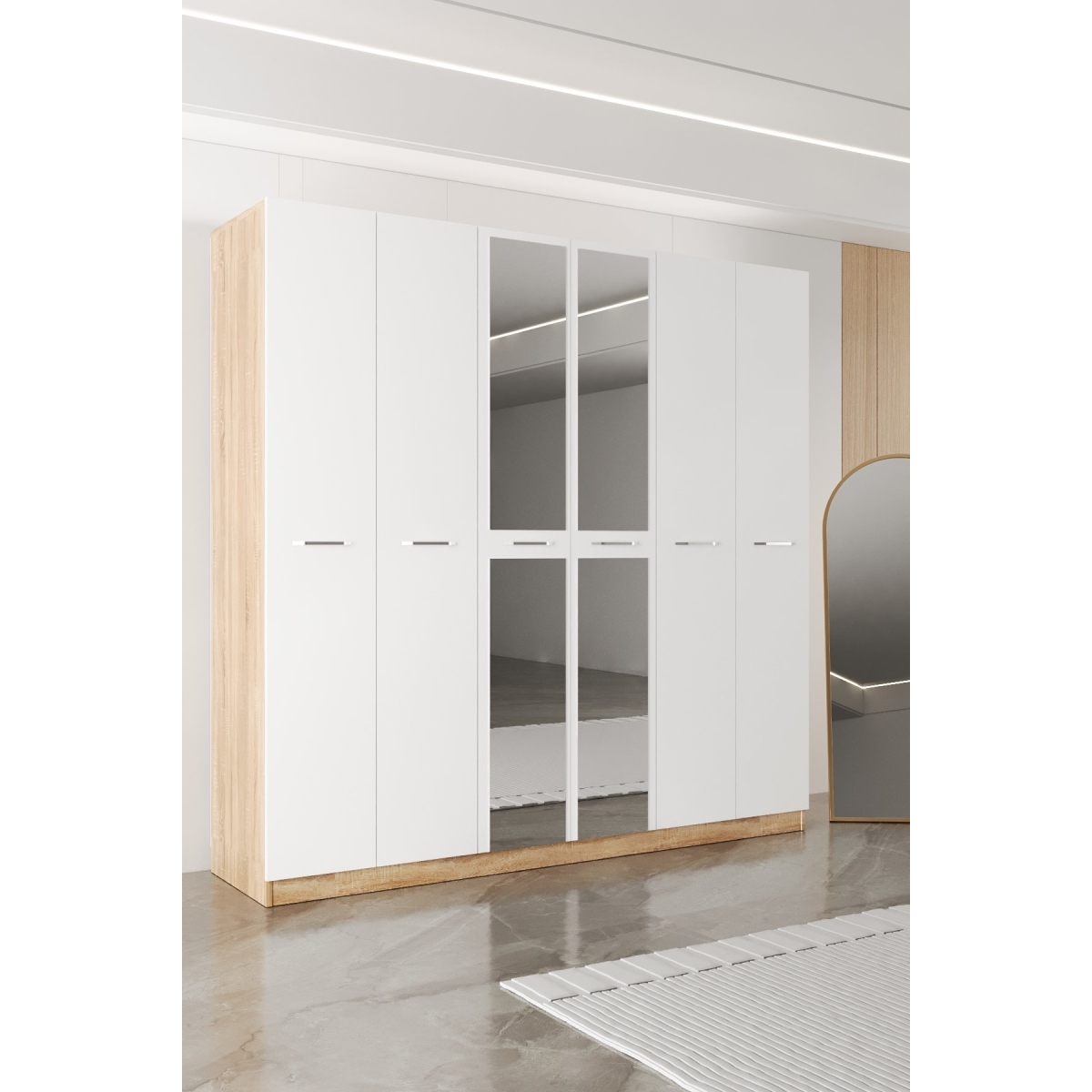 AEKA AE-2191 Hisar Beyaz/Beyaz Aynalı 6 Kapaklı Çok Bölmeli Askılı ve Raflı Geniş Hacimli Gardırop 210x210 cm - Görsel 9