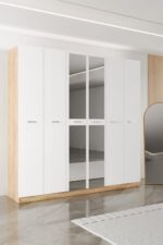 AEKA AE-2191 Hisar Beyaz/Beyaz Aynalı 6 Kapaklı Çok Bölmeli Askılı ve Raflı Geniş Hacimli Gardırop 210x210 cm - Görsel 9