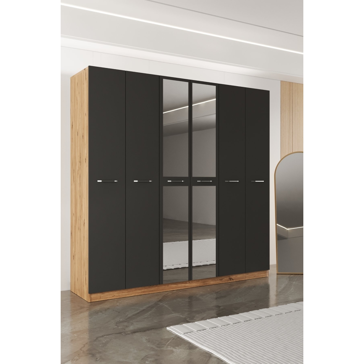 AEKA AE-2191 Hisar Beyaz/Beyaz Aynalı 6 Kapaklı Çok Bölmeli Askılı ve Raflı Geniş Hacimli Gardırop 210x210 cm - Görsel 13