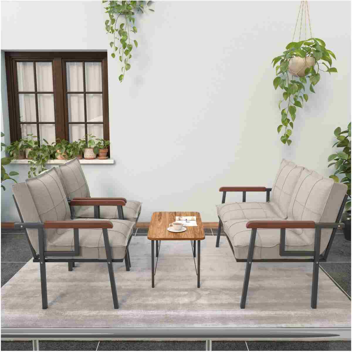 Mygusi " Modern'' Serisi Balkon, Bahçe, Cafe - Metal Kanepe Koltuk Takımı - 2 1 1 Sehpa Hediyeli - Krem - Görsel 3
