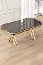 Canisa Zae Serisi 90x168 Lak Panel Antrasit Ironi Gold Ayak Masa Takımı 6 Siyah Sandalye - Görsel 3