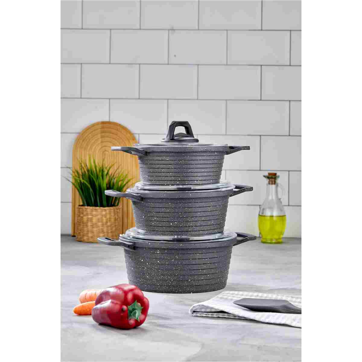 Esta Döküm 6 Parça Granit Tencere Takımı - Yanmaz Yapışmaz 16-18-20 CM - Kapaklı - Görsel 4