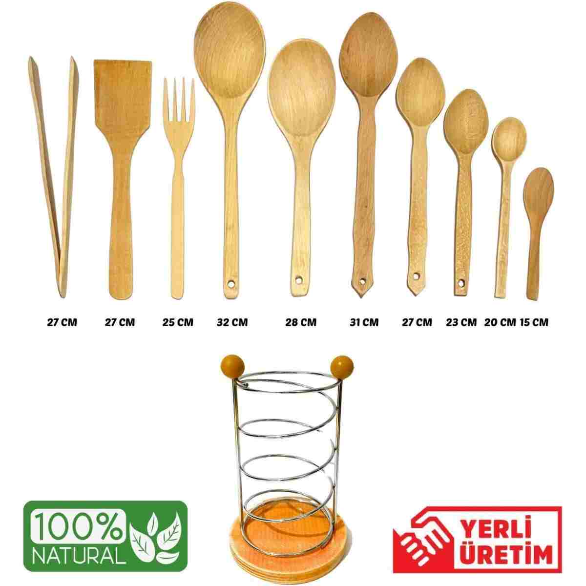 Kitchen Mania 11 Parça Yağlı Kayın Ahşap Kaşık Tahta Spatula Servis Kepçe Ağaç Çatal Maşa Seti-metal Standlı - Görsel 2