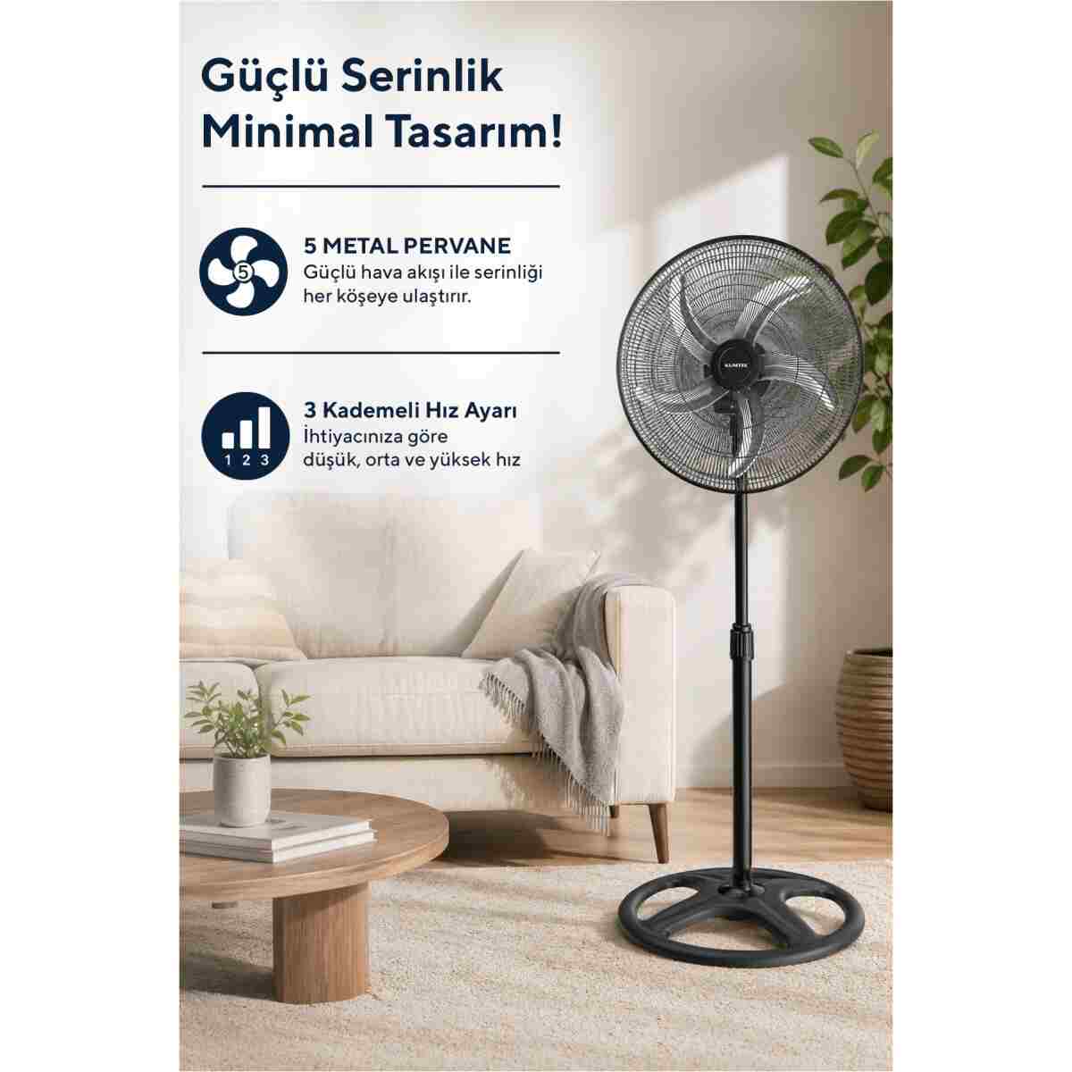 KUMTEL KTF-340 Siyah 18 İnç Sanayi Tipi Vantilatör 3in1 60 W,5 Kanatlı, 3 Kademeli, 132 cm - Görsel 9
