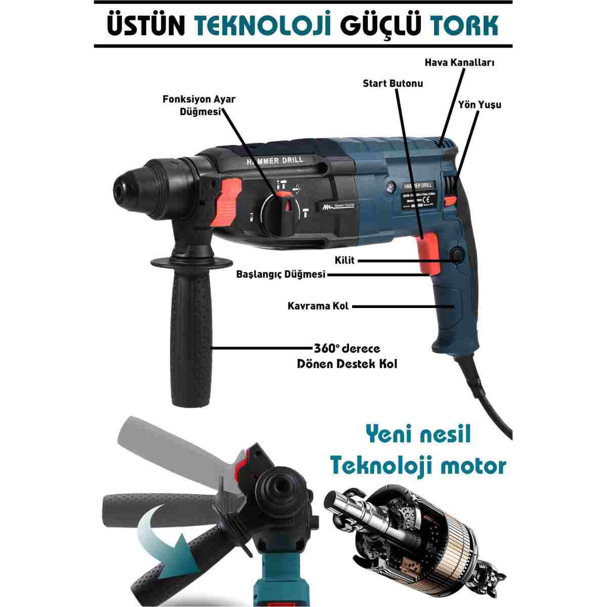 ASSUR 850W Metal Şanzıman Darbeli Matkap Kırıcı Delici Hilti 2-28mm - Görsel 2