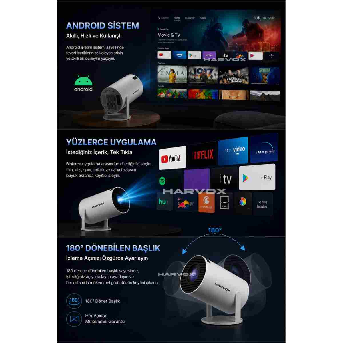 HARVOX HY300 Pro Upgrade Projeksiyon Cihazı Taşınabilir Android Sistemli Wifi HDMI USB Destekli Projektör - Görsel 12