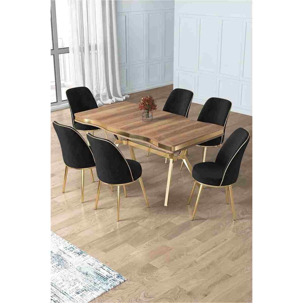 Canisa Prah Serisi 90x160 Lak Panel Hazar Gold Ayak Masa Takımı 6 Krem Sandalye - Görsel 6