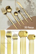 NEWNOW Paslanmaz Çelik Gold Çatal Bıçak Kaşık Seti 30 Parça 6 Kişilik