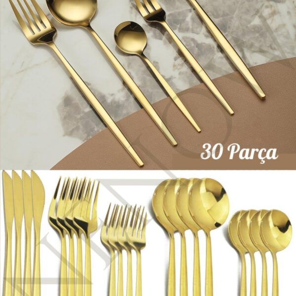 NEWNOW Paslanmaz Çelik Gold Çatal Bıçak Kaşık Seti 30 Parça 6 Kişilik