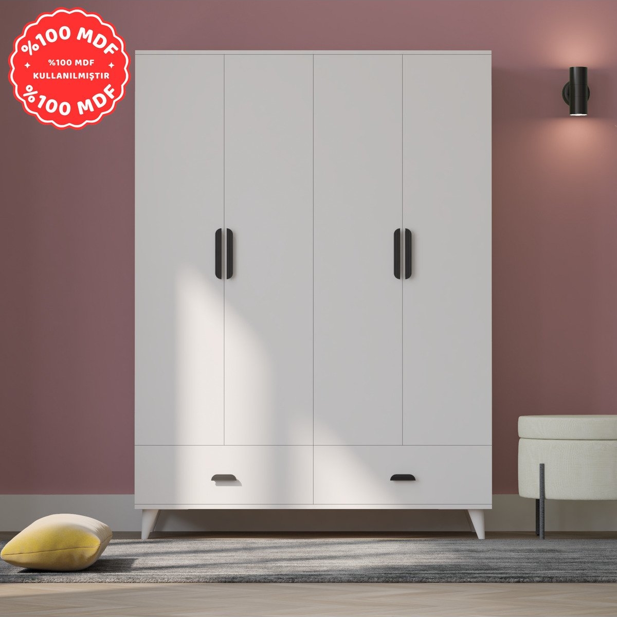 İMBAŞ İnci 4 Kapaklı 2 Çekmeceli Gardırop Beyaz %100 MDF - Görsel 2