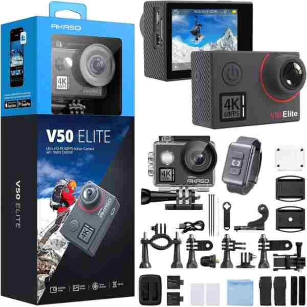 AKASO V50 Elite 4K/60FPS 20MP Wi-Fi Aksiyon Kamera ve Aksesuar Seti, Su Geçirmez Kılıf, App Kontroll