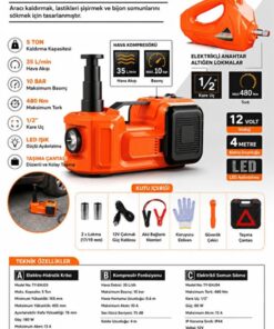 EZERE Areks Car Pro 180W 5 Ton Çok Fonksiyonlu Elektrikli Hidrolik Kriko Lift Kaldırma / Kompresör / Bijon Sökme / LED Işık