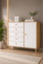 Kardelahome Kardela Premium Mdf Şifonyer 5 Çekmeceli Kapaklı Dolaplı Beyaz Atlantik Çam - Görsel 2