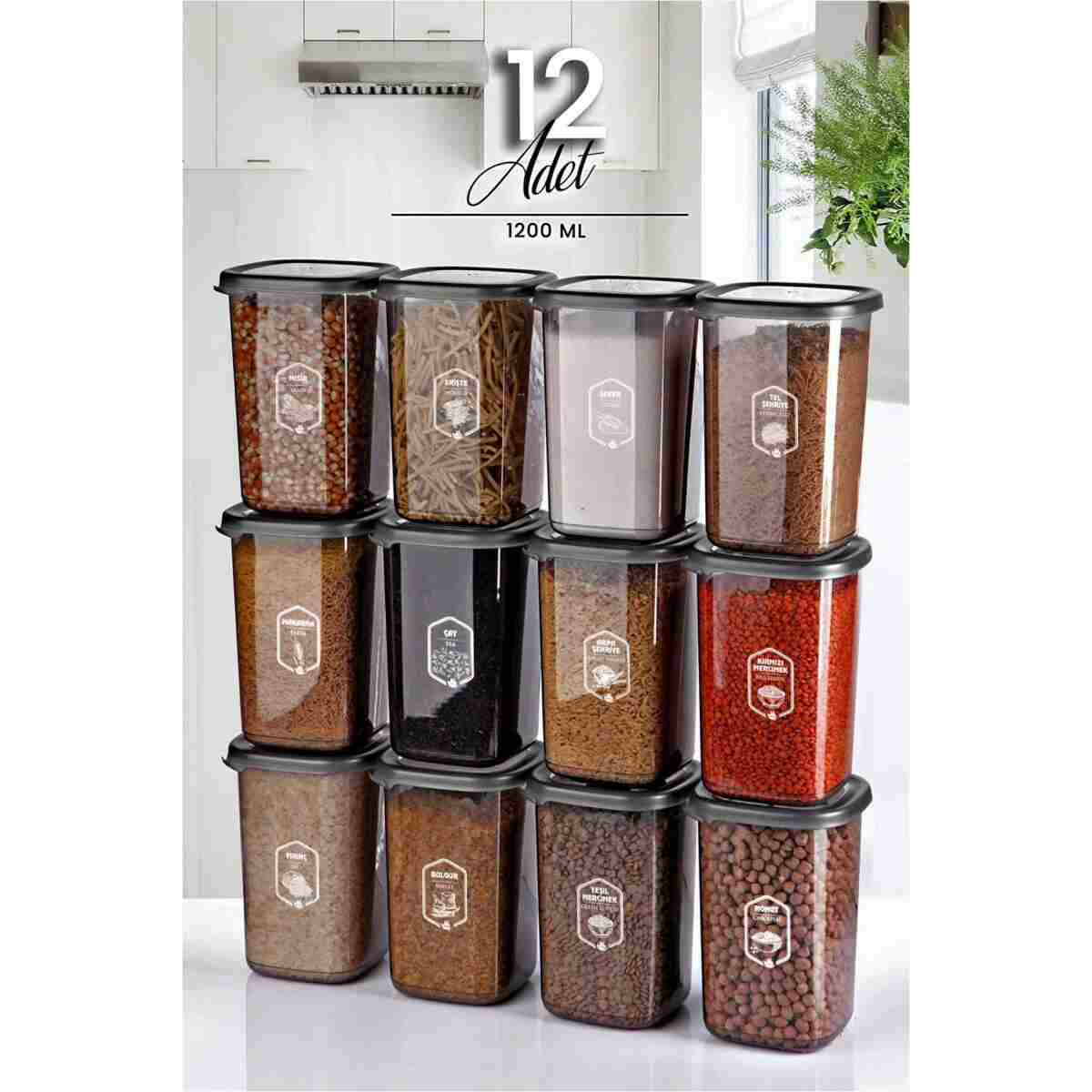 Kitchen Life 12'li Jumbo Boy Etiketli Square Kare Erzak Saklama Kabı Seti 1700 ml - Sert Kapak Büyük Kavanoz - Görsel 6