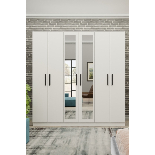 Metalia Gm 081 Favorite 6 Kapılı Aynalı Beyaz Siyah Kulplu Gardırop