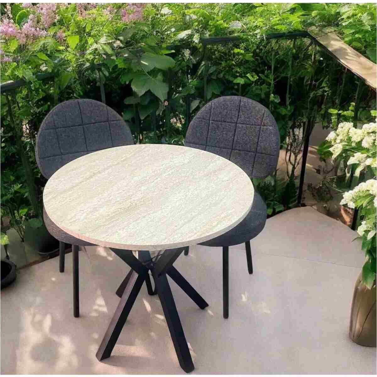 BAMBEDS MOBİLYA Bambeds Mobilya 70x70 Trevertan Yuvarlak Balkon Masa Ahtapot Ayak Armut Keten Sandalye 2 Adet - Görsel 5