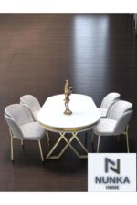 NUNKA HOME Arya Gold Line Serisi Krem +4 Sandalyeli Mdf Lak Panel Beyaz Masa Takımı - Görsel 2