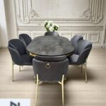 NUNKA HOME Arya Gold Line Serisi Antrasit Renk +6 Sandalyeli Mdf Lak Panel İroni Masa Takımı