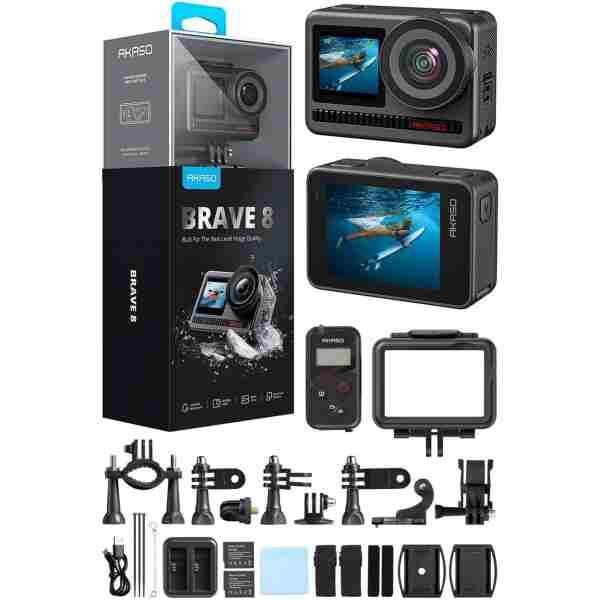 AKASO Brave 8 4k/60fps 48mp Wi-fi Dual Screen Aksiyon Kamera Ve Aksesuar Seti, App Kontrollü, Ipx8