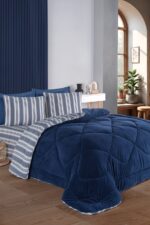 Eponj Home Çift Kişilik Uyku Seti Wellsoft Yorganlı Pofuduk 4 Parça Soft Line Lacivert