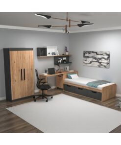 ARNETTİ Akser Genç Odası Takımı Atlantik Çam Antrasit | Gardırop, Çalışma Masası, Karyola ve Duvar Rafı 4'lü Set