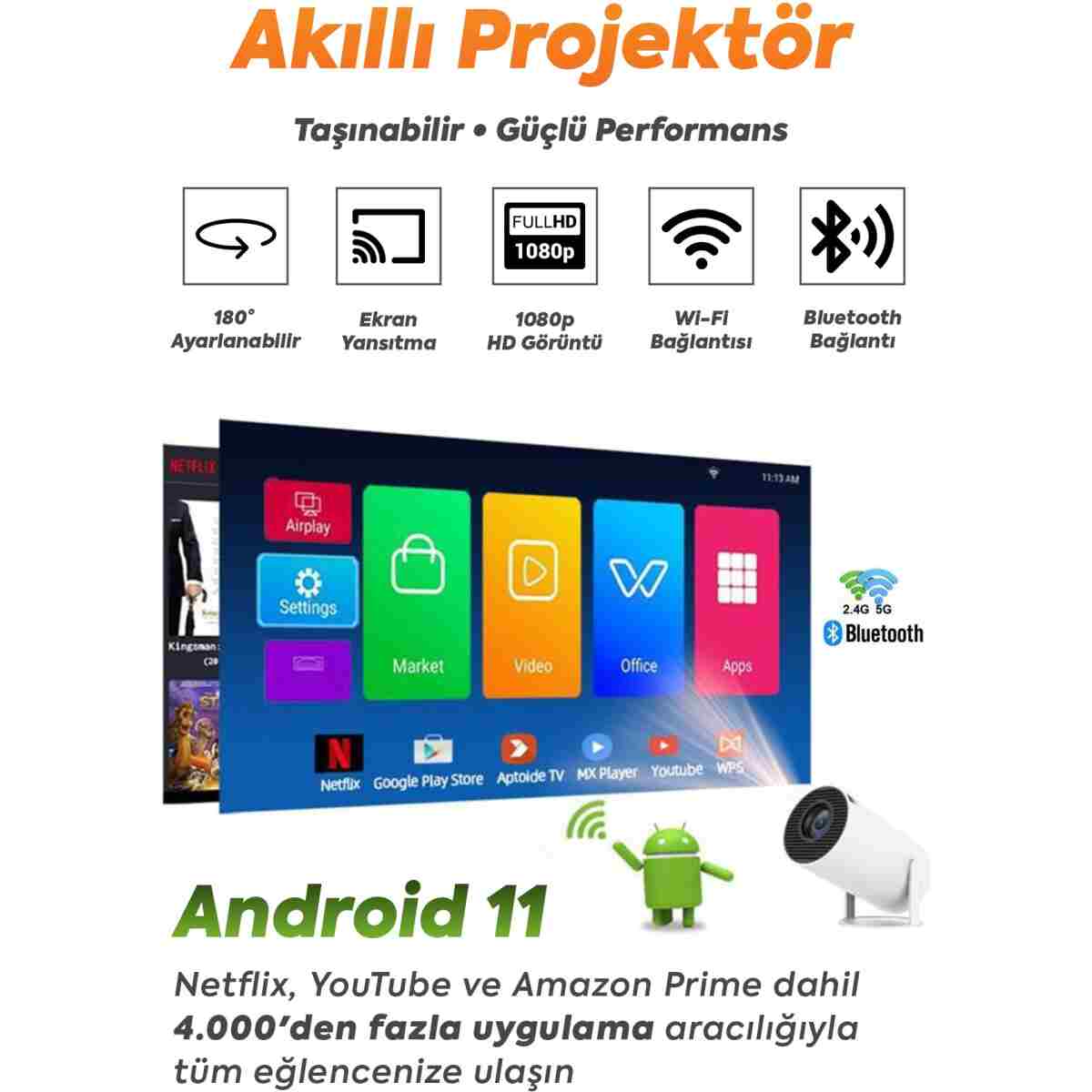Monyer Taşınabilir Android Projeksiyon Wifi Destekli Akıllı Sinema Projektör Ultra Hd - Görsel 2