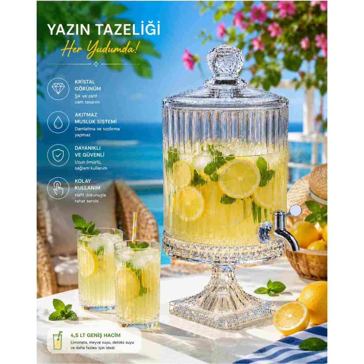 Kosova 4,5 LT Kristal Desenli Lüx Cam Sebil – Musluklu Ayaklı Limonata & İçecek Dispenseri - Görsel 10