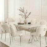DEREN HOME Rigella Max Krom 80x130 MDF Sabit Masa Metal Ayak + 6 Adet Silinebilir Sandalye KREM