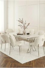 DEREN HOME Rigella Max Krom 80x130 MDF Sabit Masa Metal Ayak + 6 Adet Silinebilir Sandalye KREM
