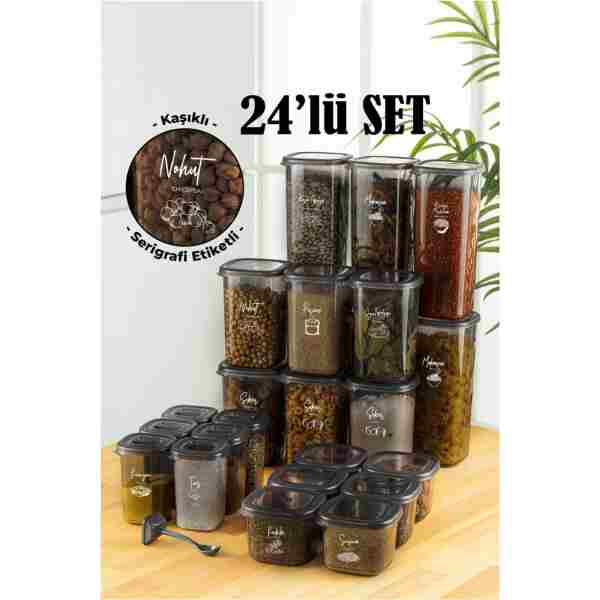 Vienev 24lü Beyaz Serigrafi Etiketli Kaşıklı Peggy Kare Erzak Baharat Full Set 6x(1,75 1,2, 0,55, 0,45) Ant