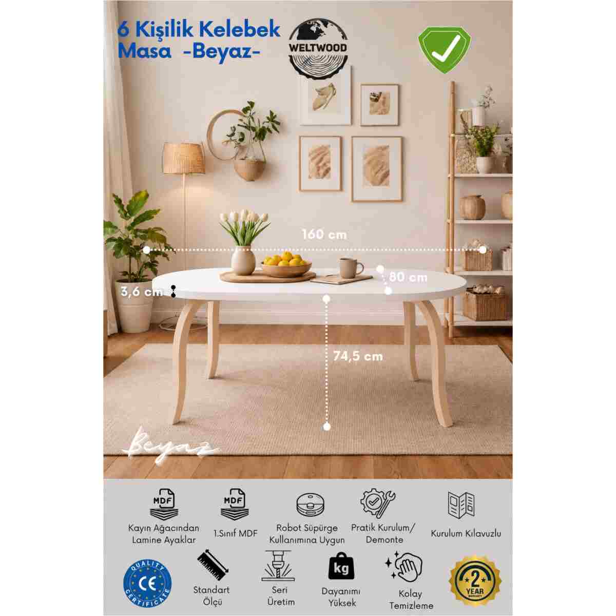 weltwood 6 Kişilik Kelebek Masa ve 6 İskandinav Sandalye seti | %100 MDF | %100 Kayın Ağacından Ayak Malzemesi - Görsel 9