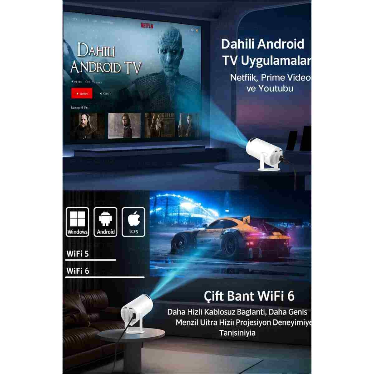 Zineets Taşınabilir Android Projeksiyon + Ses Sistemi Wifi Destekli Akıllı Sinema Projektör Ultra Hd - Görsel 5